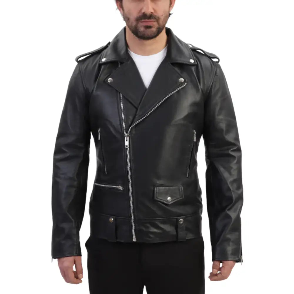 Classic Leather Biker Jacket with Epaulette