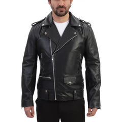Classic Leather Biker Jacket with Epaulette