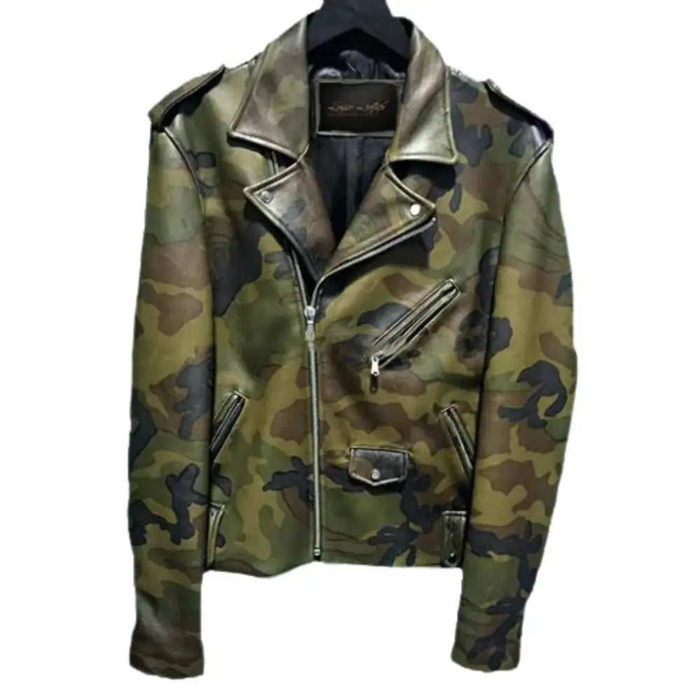 Military Printed Camouflage Leather Biker Jacket