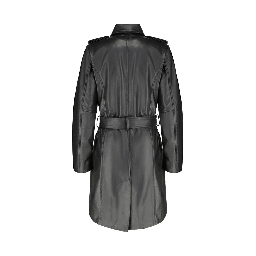 Coral black belted leather coat