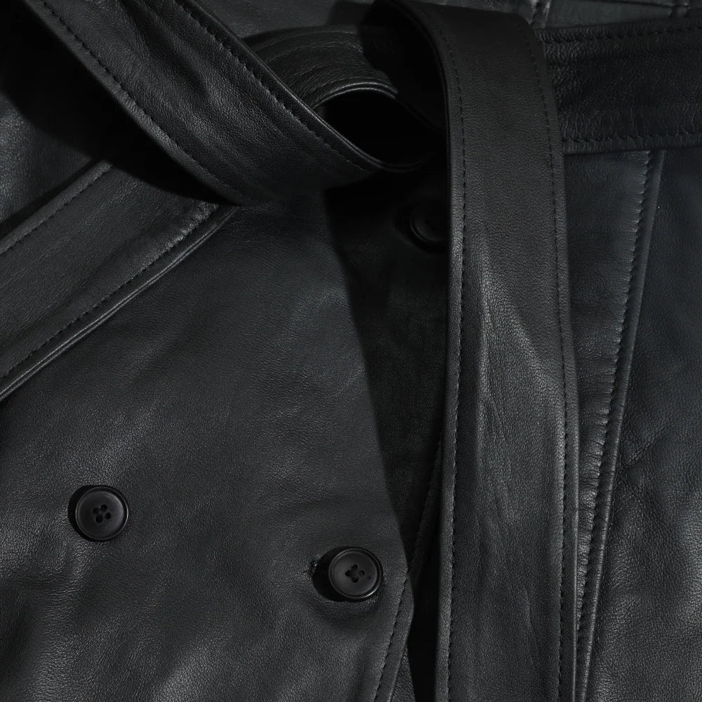 Coral black belted leather coat