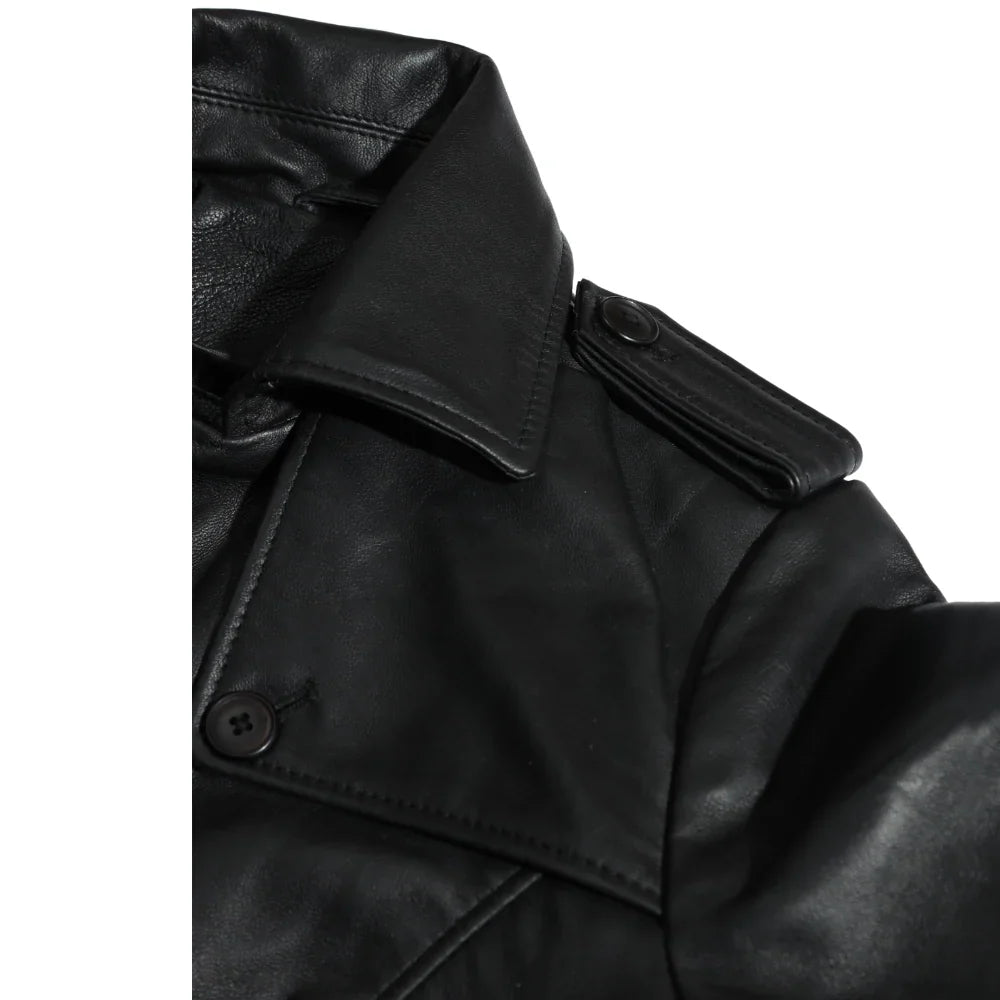 Coral black belted leather coat