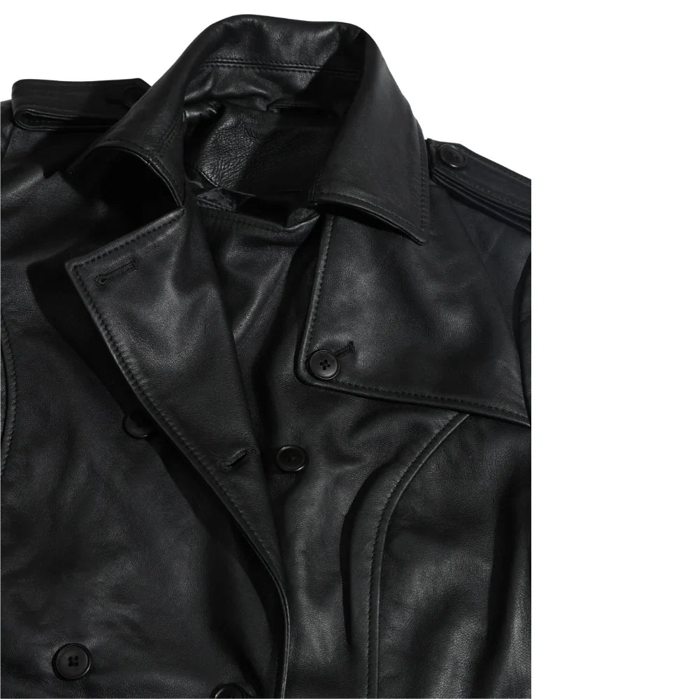 Coral black belted leather coat
