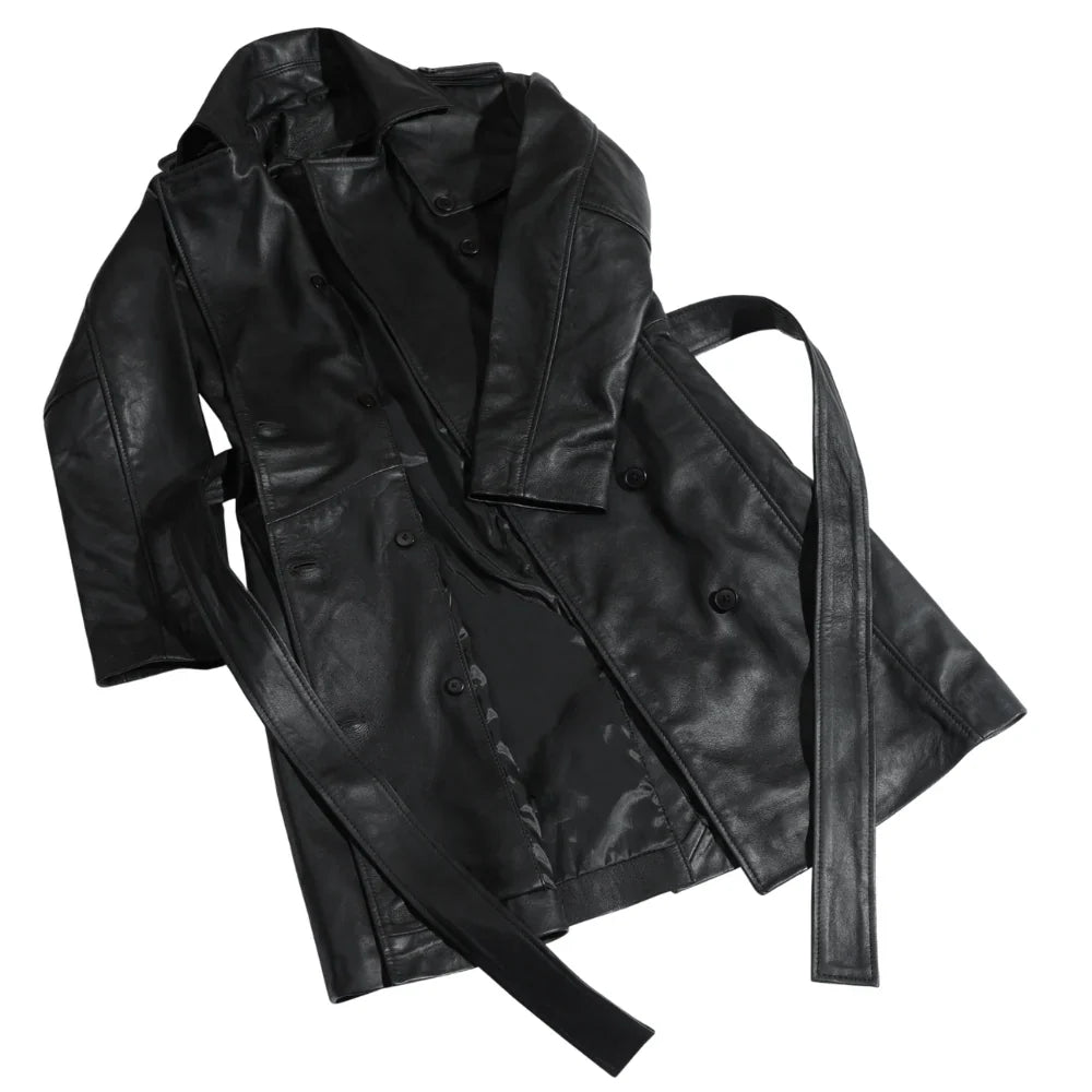 Coral black belted leather coat