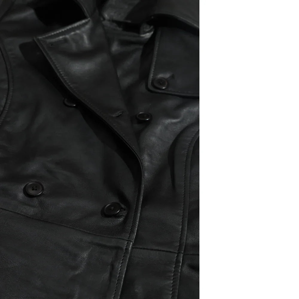 Coral black belted leather coat