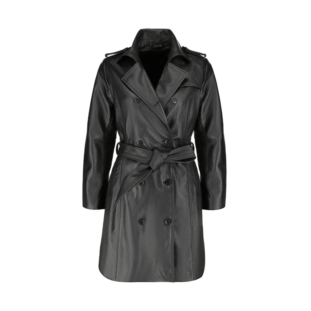 Coral black belted leather coat