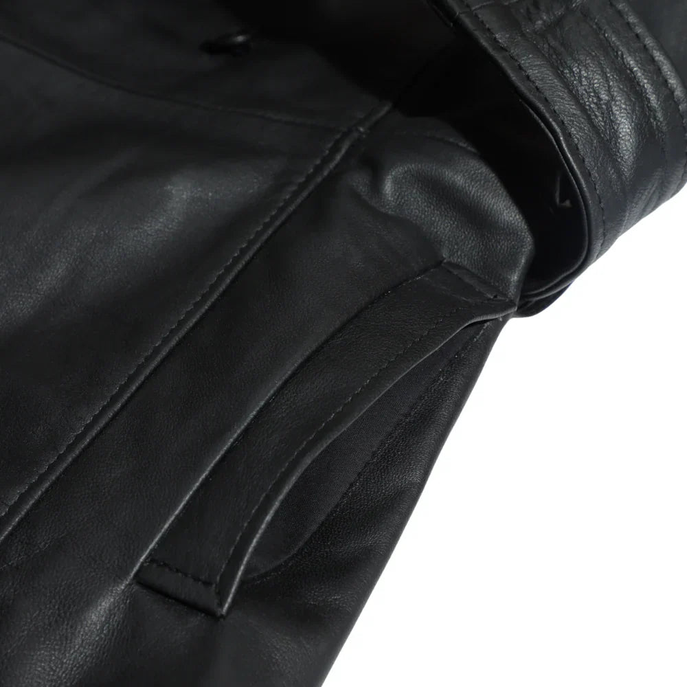 Coral black belted leather coat