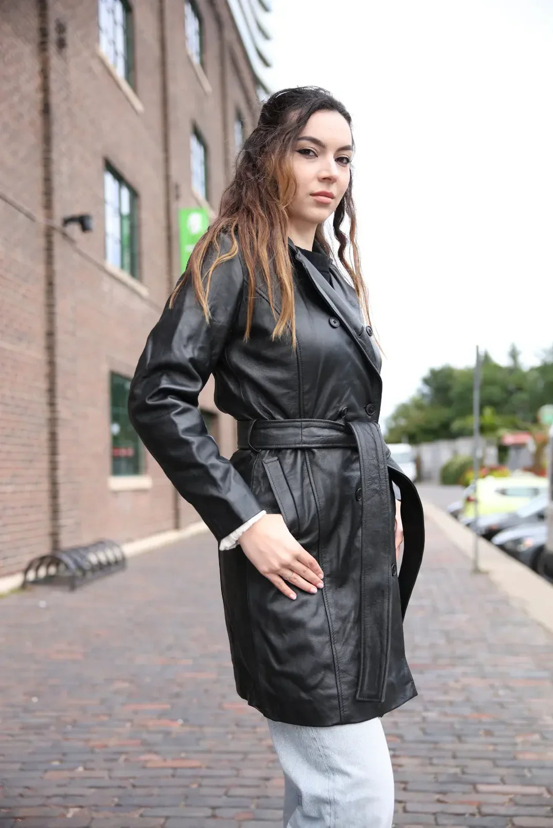 Coral black belted leather coat