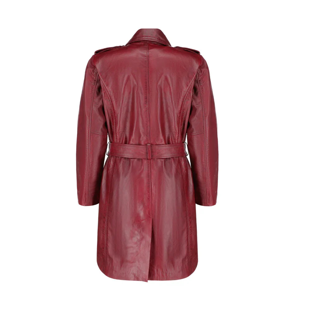 Coral red belted leather coat