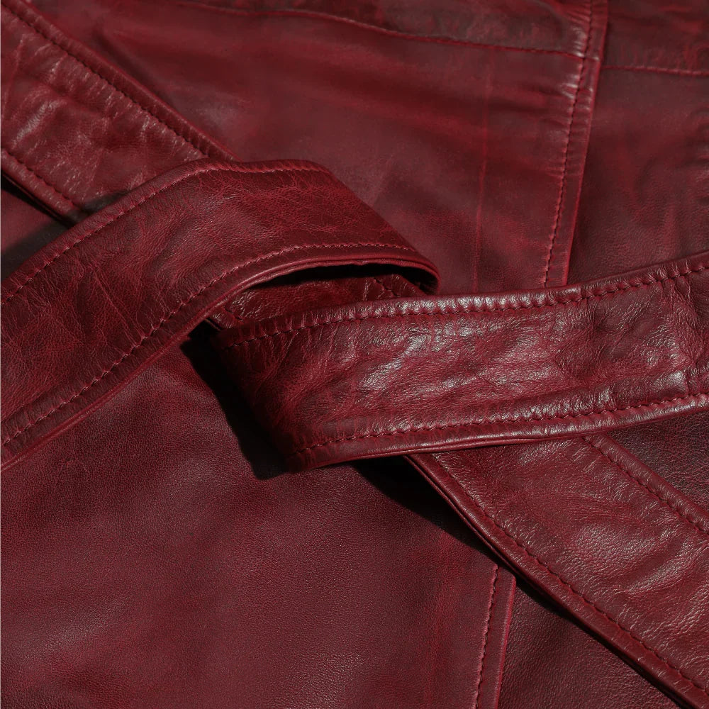 Coral red belted leather coat