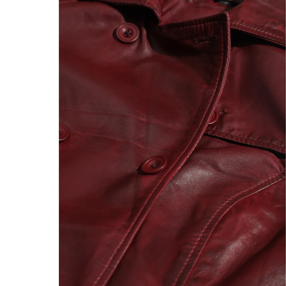 Coral red belted leather coat