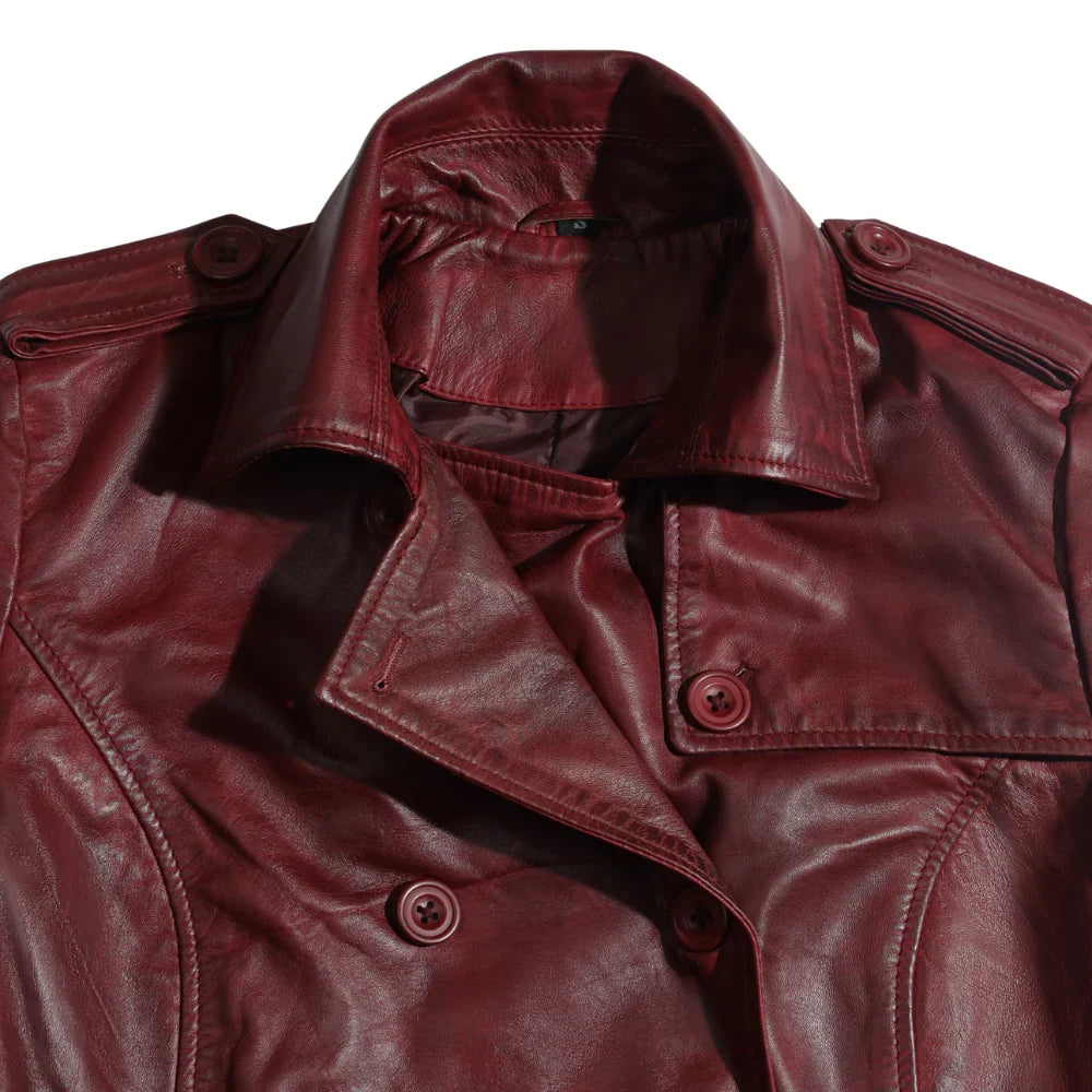 Coral red belted leather coat