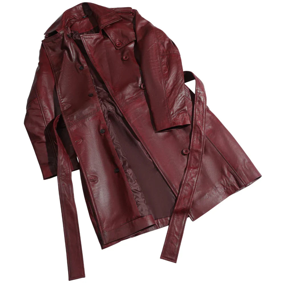Coral red belted leather coat