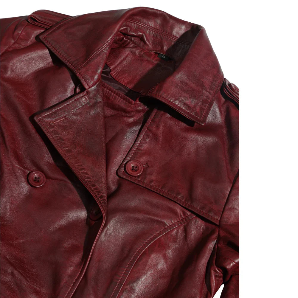 Coral red belted leather coat