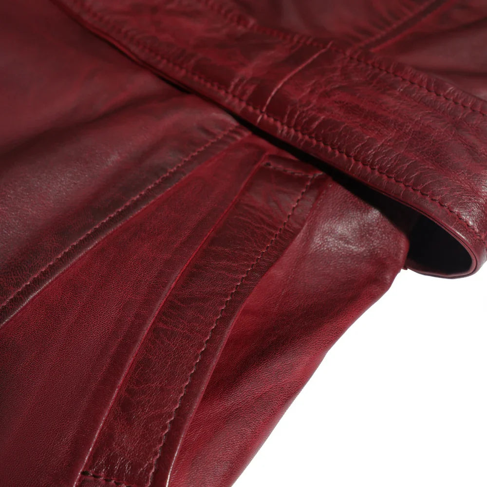 Coral red belted leather coat