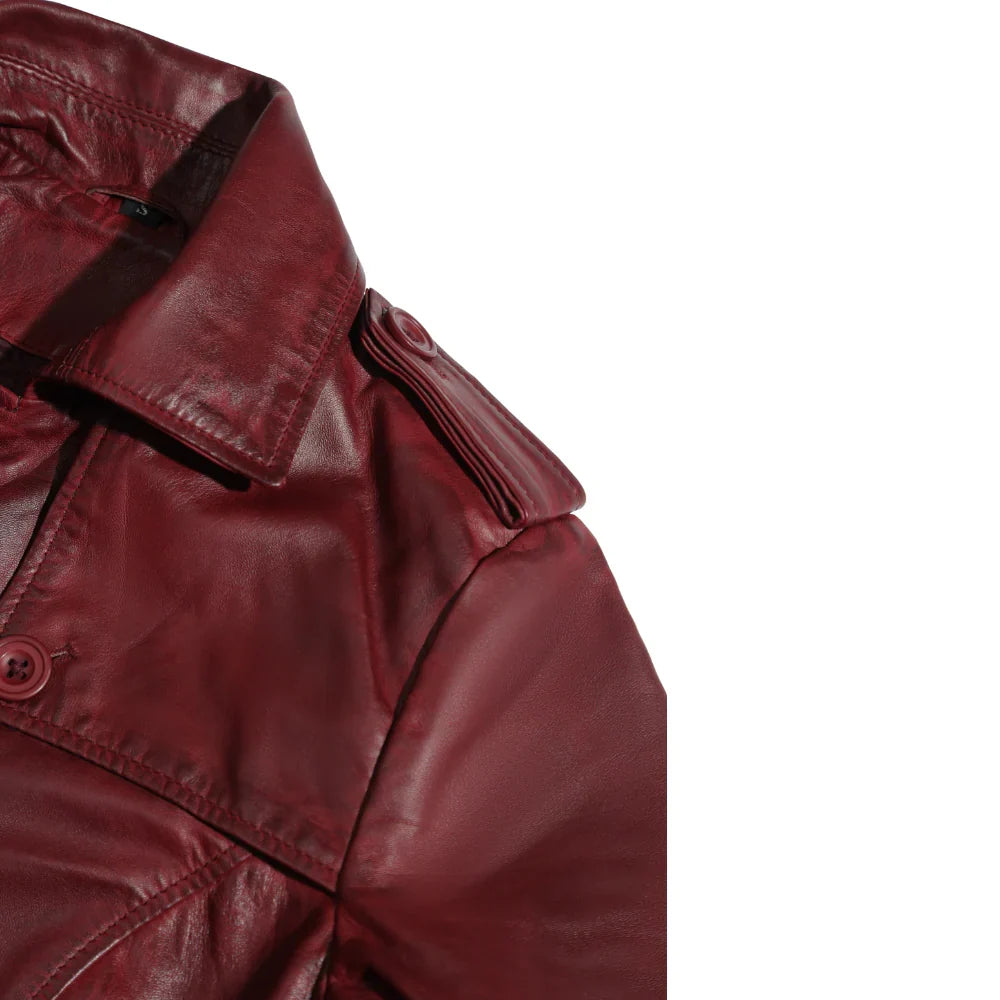 Coral red belted leather coat
