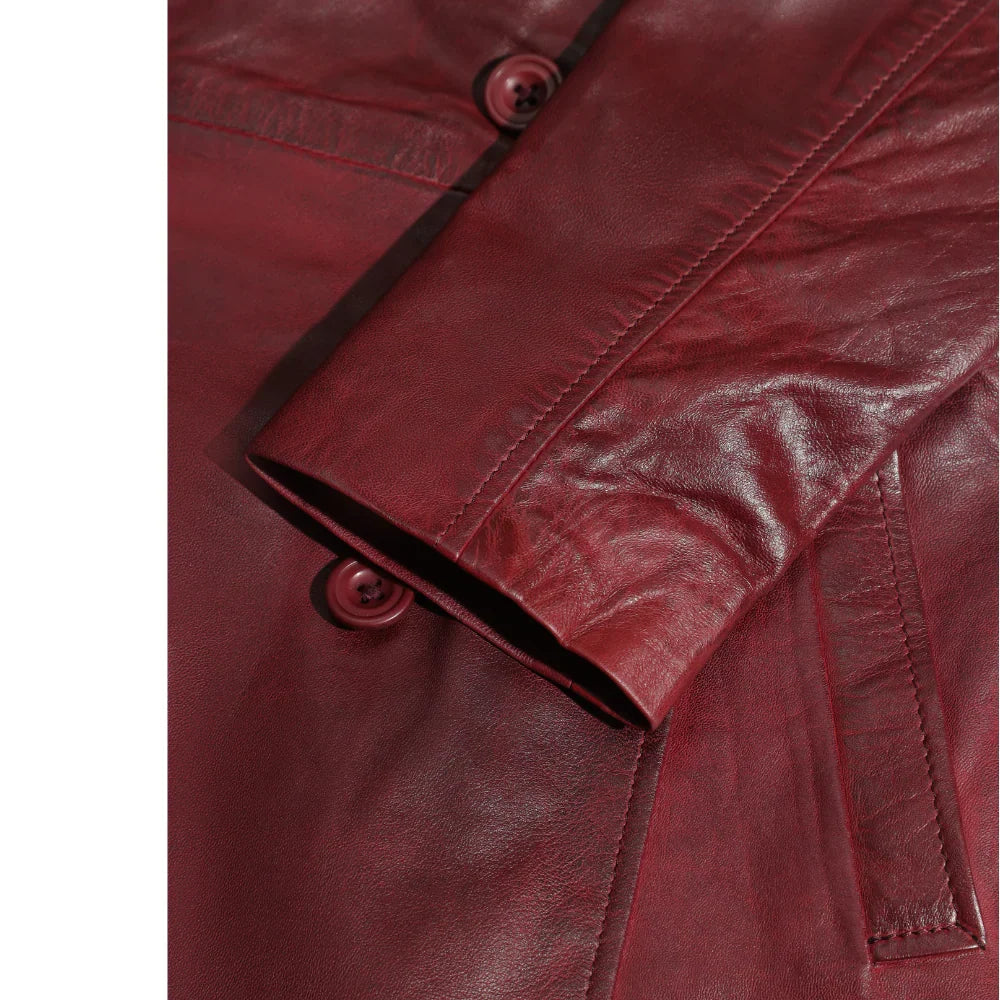 Coral red belted leather coat