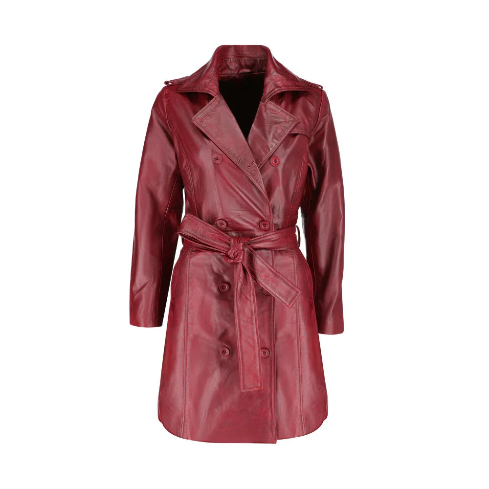 Coral red belted leather coat