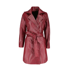 Coral red belted leather coat