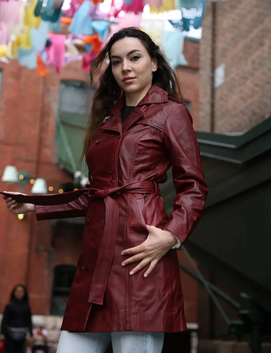 Coral red belted leather coat