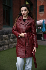 Coral red belted leather coat