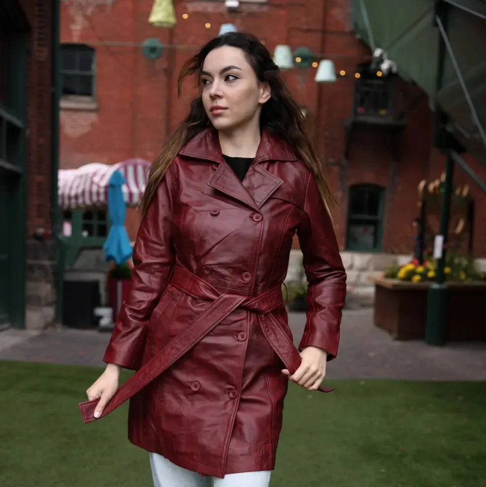 Coral red belted leather coat