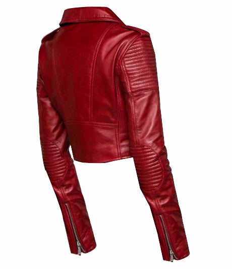 Martyna's Red Crop Biker Leather Jacket With Waist Belt