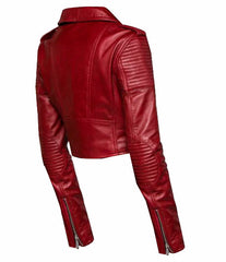 Martyna's Red Crop Biker Leather Jacket With Waist Belt