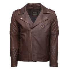 Diamond Stitched Brown Quilted Leather Biker Jacket