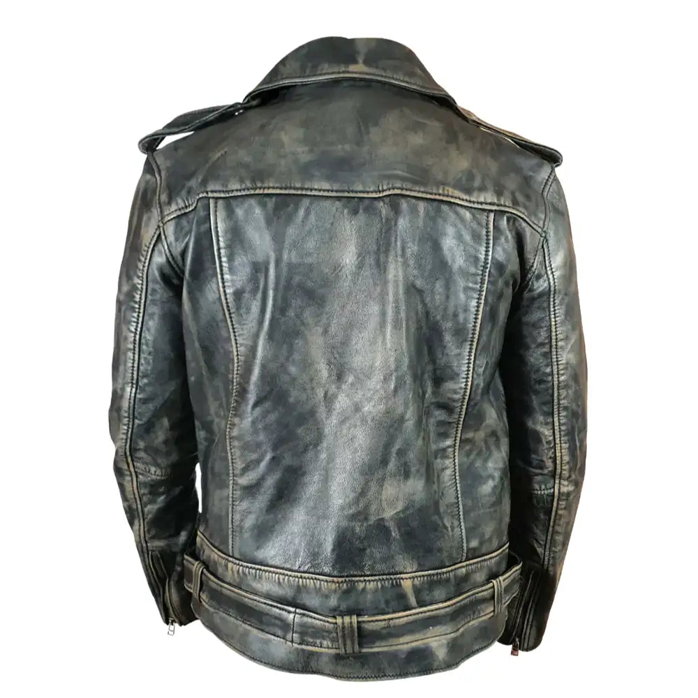 Distressed Belted Leather Biker Jacket