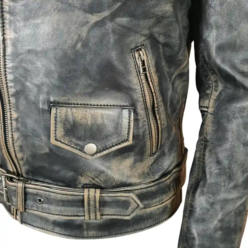 Distressed Belted Leather Biker Jacket
