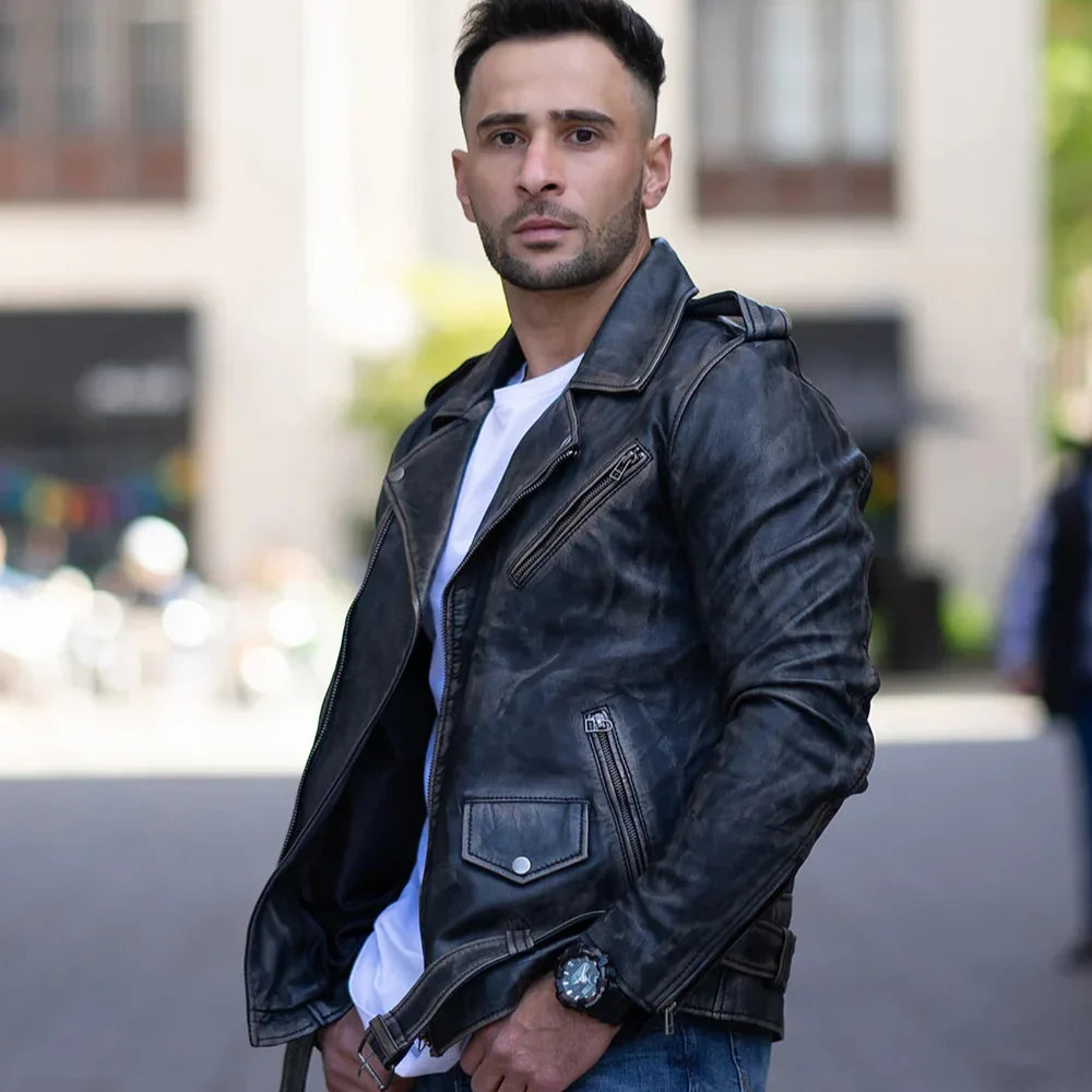 Distressed Belted Leather Biker Jacket