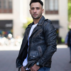 Distressed Belted Leather Biker Jacket
