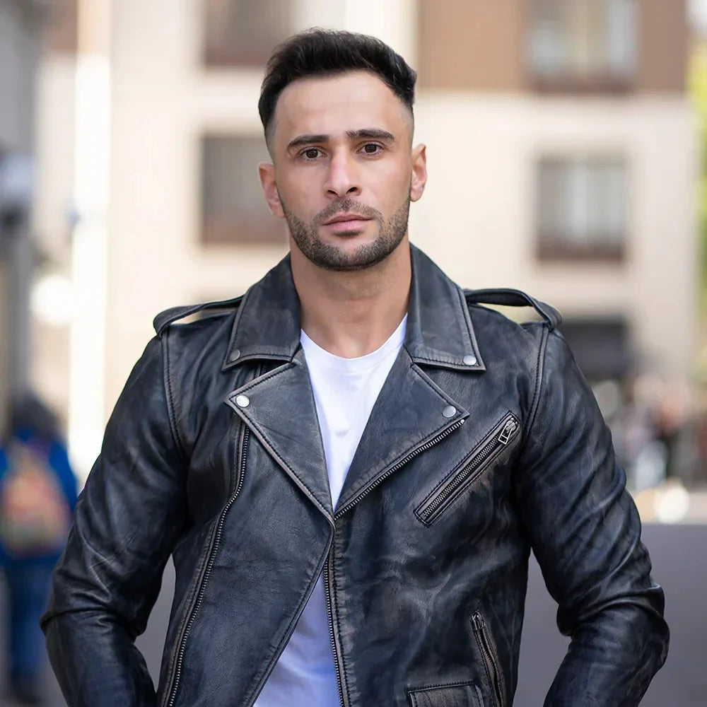 Distressed Belted Leather Biker Jacket