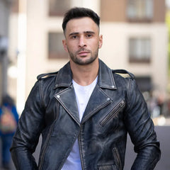 Distressed Belted Leather Biker Jacket