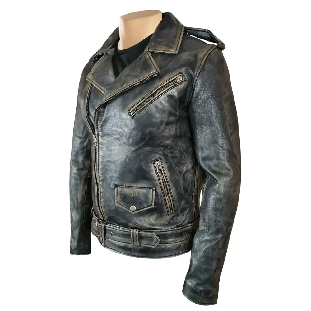 Distressed Belted Leather Biker Jacket