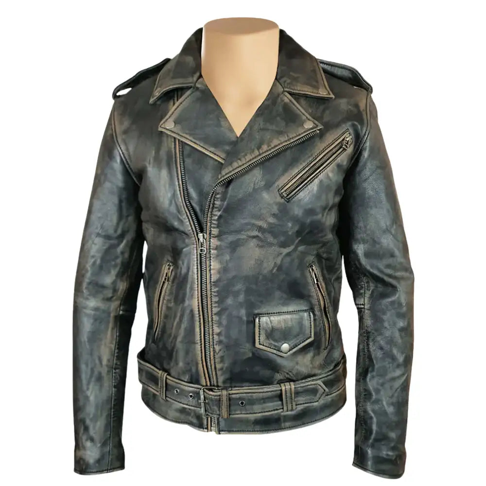 Distressed Belted Leather Biker Jacket
