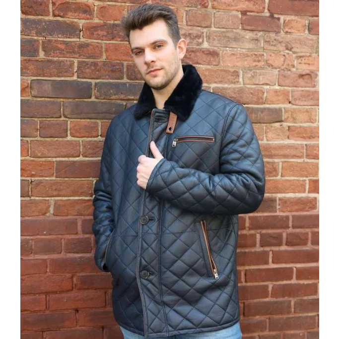 Drew Navy quilted sheepskin shearling coat