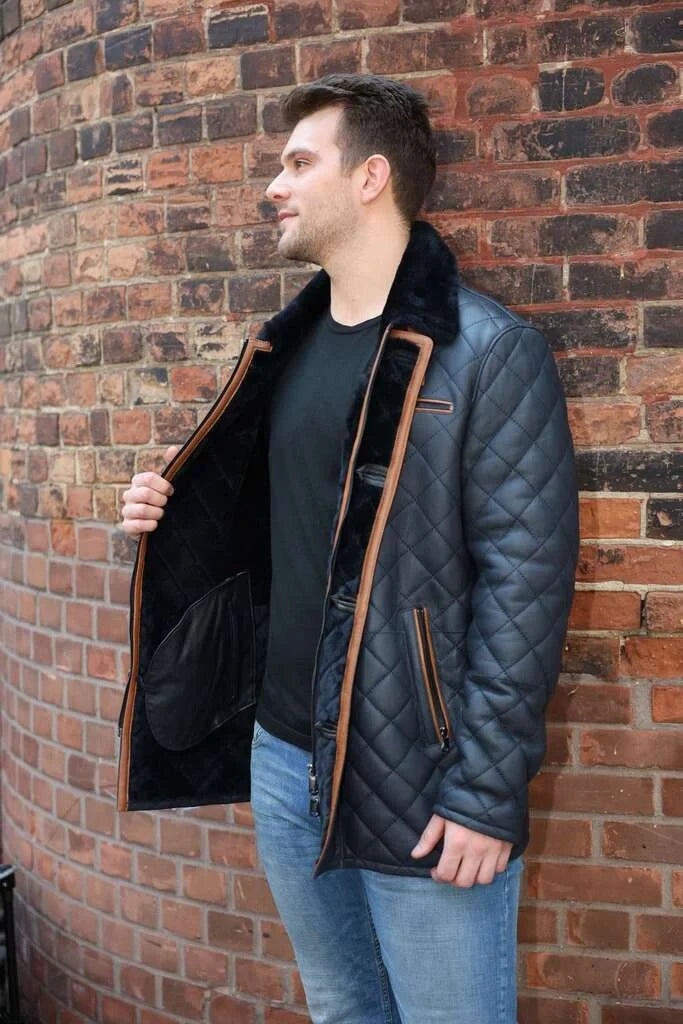 Drew Navy quilted sheepskin shearling coat