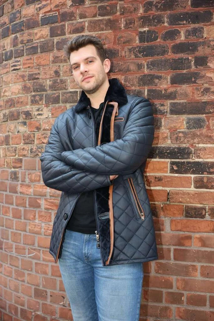 Drew Navy quilted sheepskin shearling coat