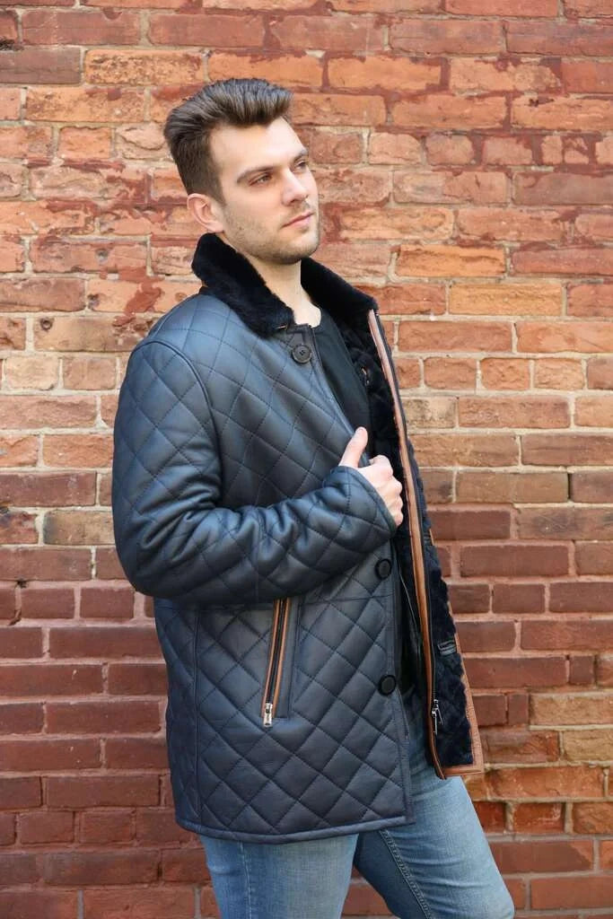 Drew Navy quilted sheepskin shearling coat
