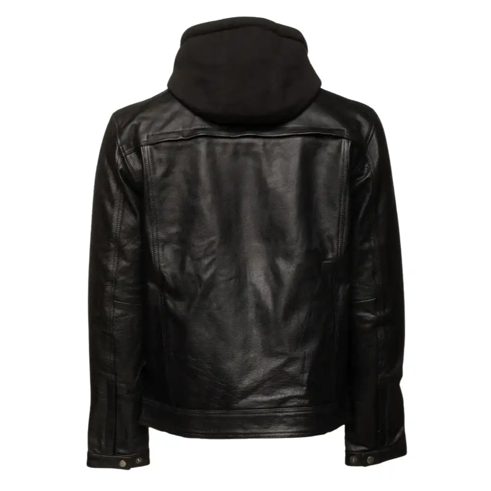 Easton Black Hooded Trucker Leather Motorcycle Jacket