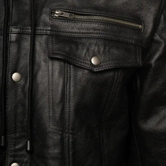 Easton Black Hooded Trucker Leather Motorcycle Jacket