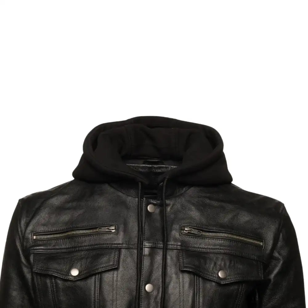 Easton Black Hooded Trucker Leather Motorcycle Jacket