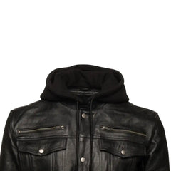 Easton Black Hooded Trucker Leather Motorcycle Jacket