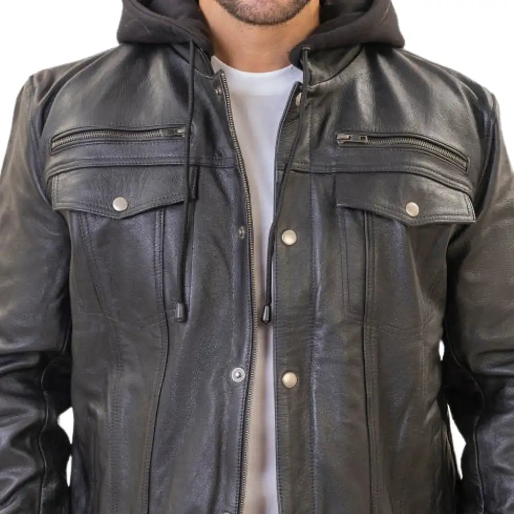 Easton Black Hooded Trucker Leather Motorcycle Jacket