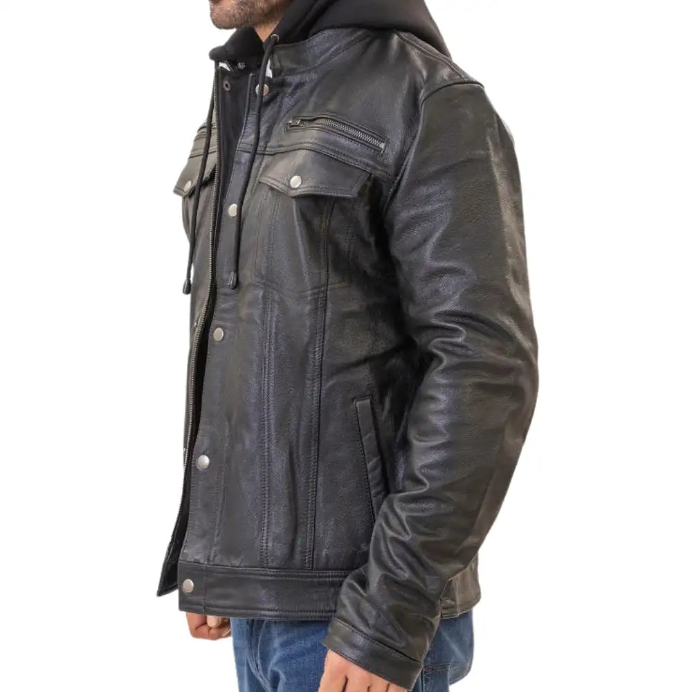 Easton Black Hooded Trucker Leather Motorcycle Jacket