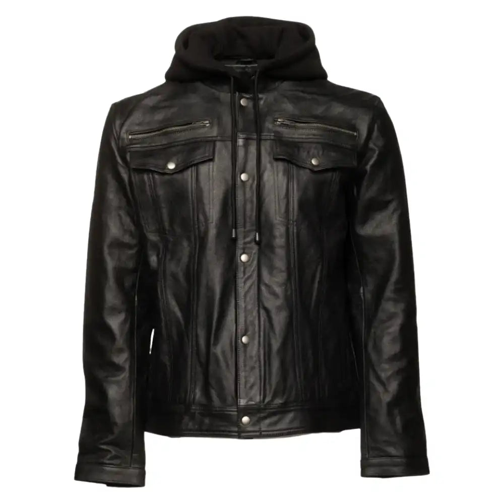 Easton Black Hooded Trucker Leather Motorcycle Jacket