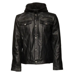 Easton Black Hooded Trucker Leather Motorcycle Jacket