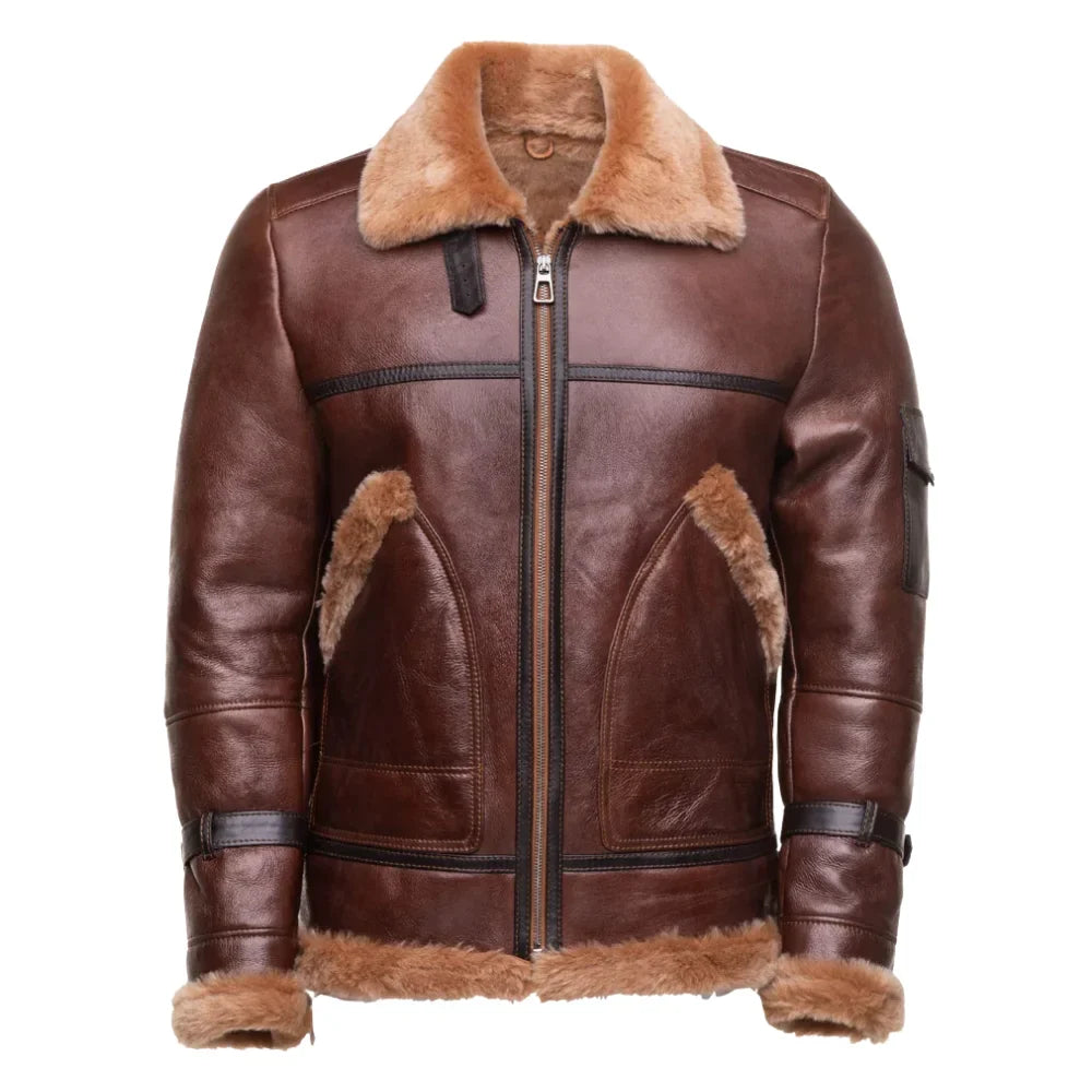 Esa Brown Bomber Sheepskin Shearling Jacket with large pockets